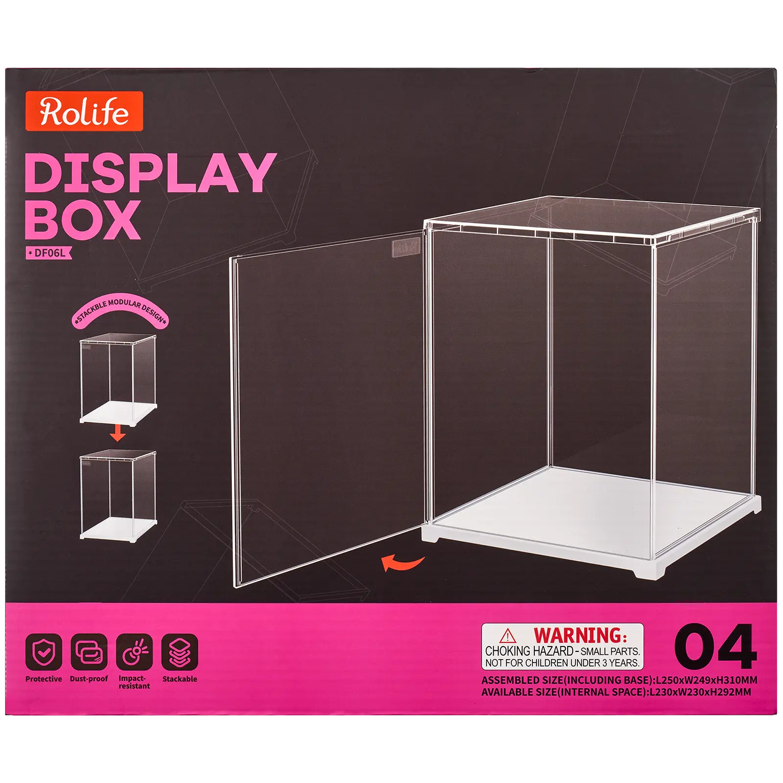 Vorderseite der Verpackung der Robotime Dust Cover Portrait L, Kunststoff-Bausatz für eine Vitrine mit einer Länge von 230 mm, einer Breite von 230 mm und einer Höhe von 292 mm (Innenmaße)