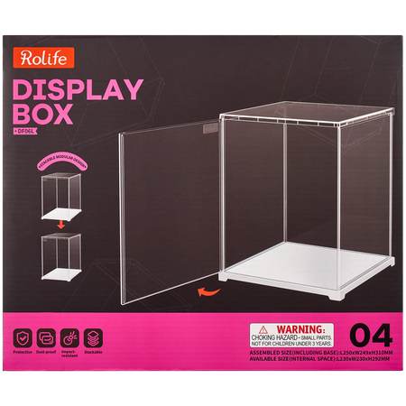 Vorderseite der Verpackung der Robotime Dust Cover Portrait L, Kunststoff-Bausatz für eine Vitrine mit einer Länge von 230 mm, einer Breite von 230 mm und einer Höhe von 292 mm (Innenmaße)