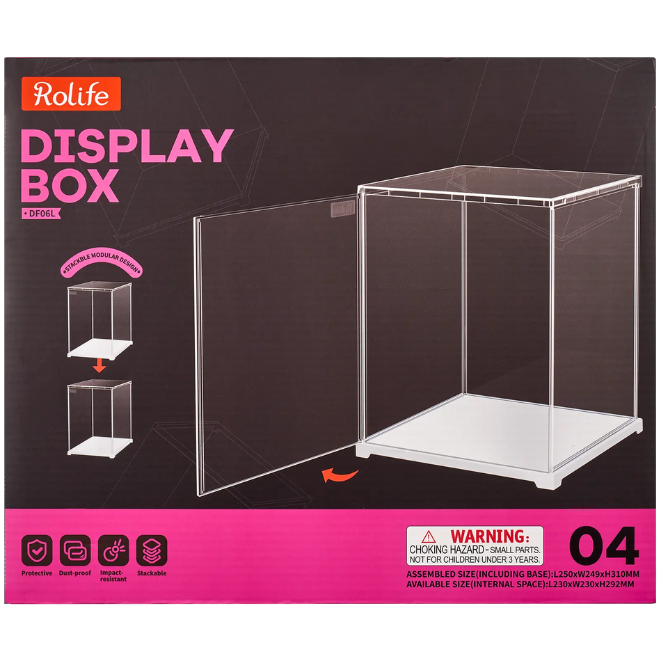 Vorderseite der Verpackung der Robotime Dust Cover Portrait L, Kunststoff-Bausatz für eine Vitrine mit einer Länge von 250 mm, einer Breite von 249 mm und einer Höhe von 310 mm