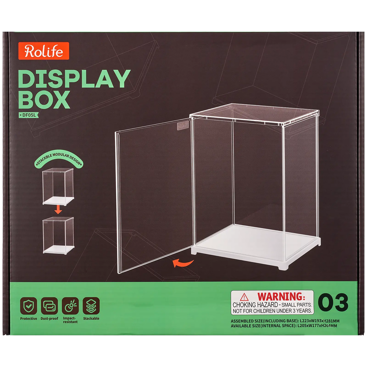 Vorderseite der Verpackung der Robotime Dust Cover Portrait M, Kunststoff-Bausatz für eine Vitrine mit einer Länge von 205 mm, einer Breite von 177 mm und einer Höhe von 264 mm