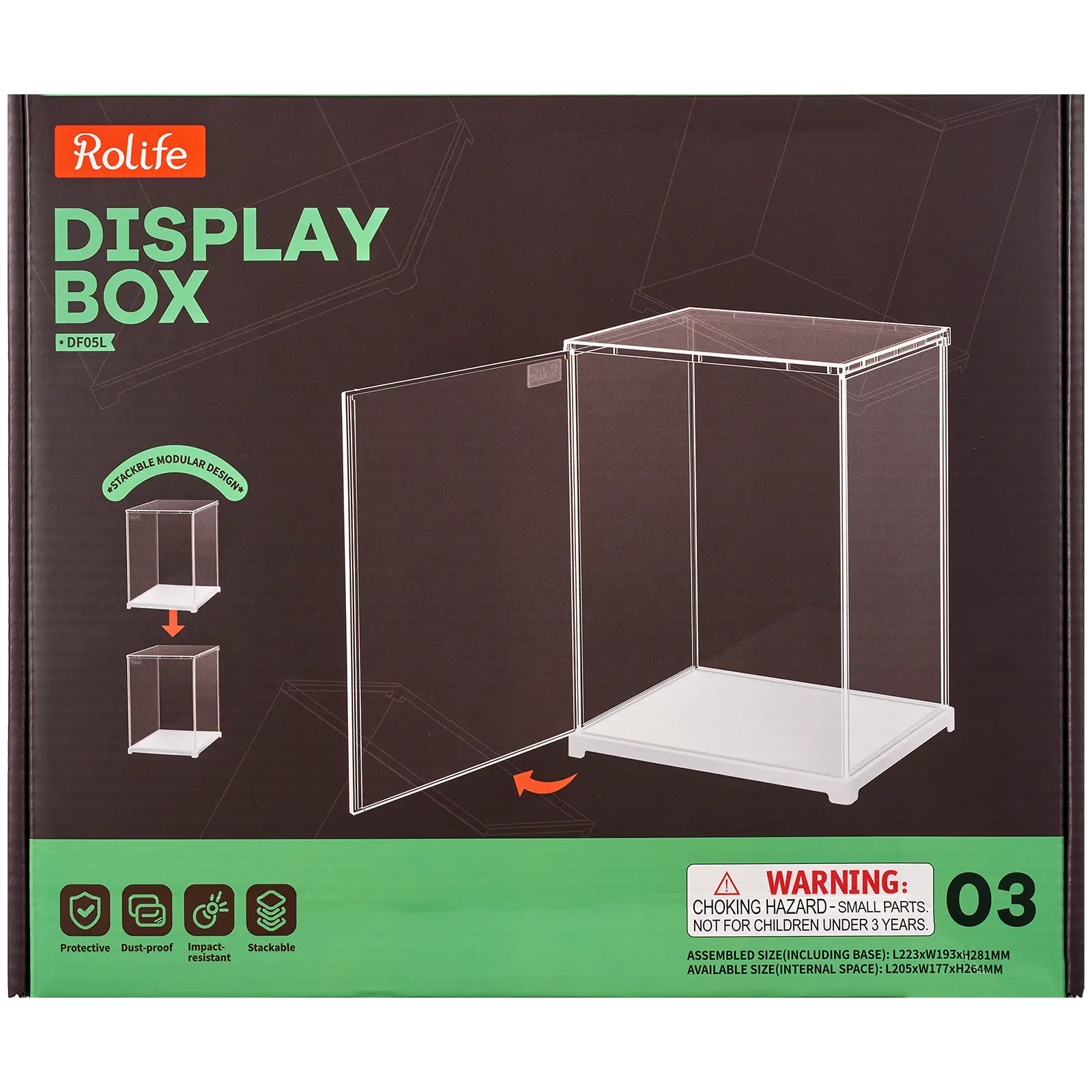 Vorderseite der Verpackung der Robotime Dust Cover Portrait M, Kunststoff-Bausatz für eine Vitrine mit einer Länge von 205 mm, einer Breite von 177 mm und einer Höhe von 264 mm