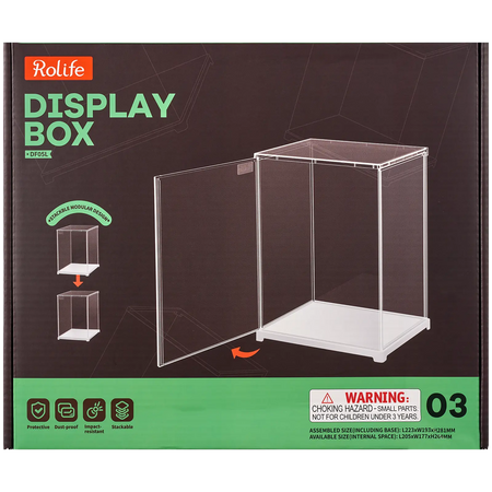Vorderseite der Verpackung der Robotime Dust Cover Portrait M, Kunststoff-Bausatz für eine Vitrine mit einer Länge von 205 mm, einer Breite von 177 mm und einer Höhe von 264 mm