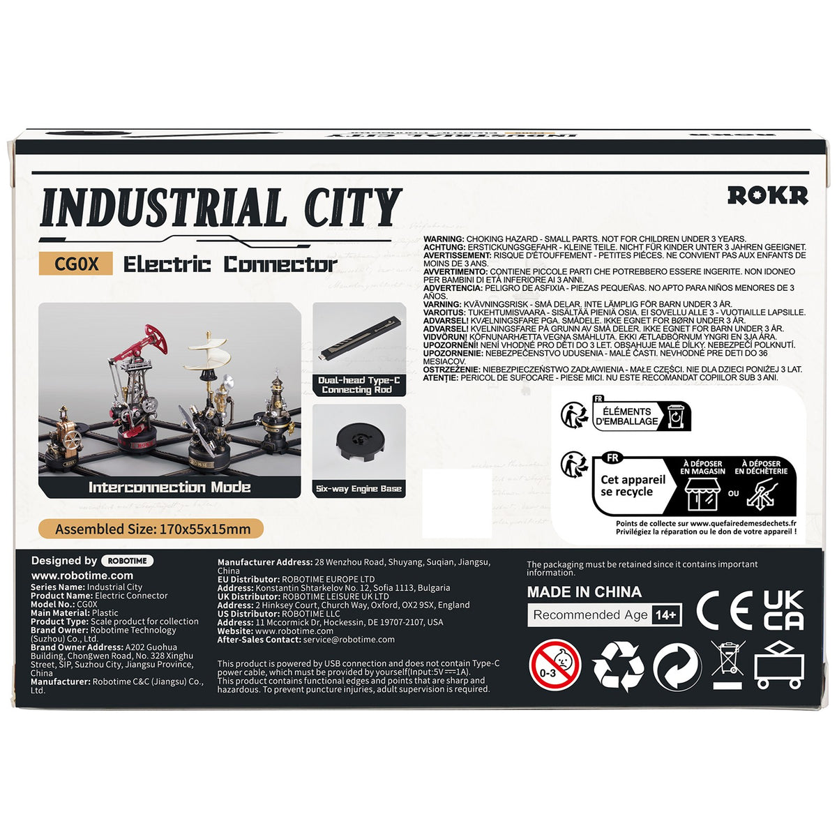 Rückseite der Verpackung der Robotime Electric Connector, USB-Verbindungsstück zum Verbinden von Produkten der Robotime Industrial City-Serie