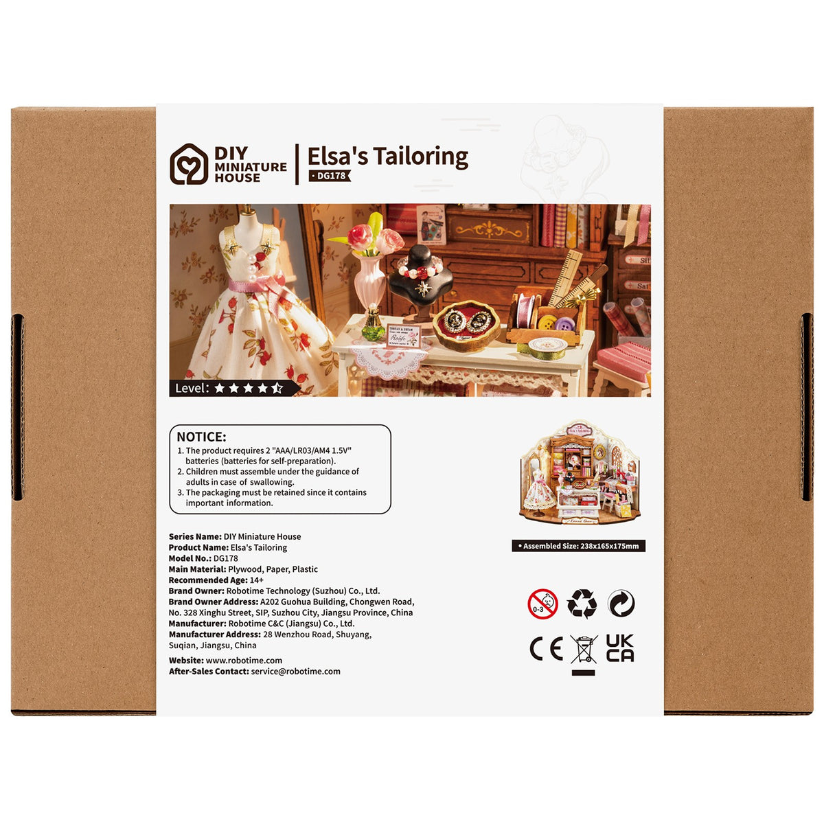 Rückseite der Verpackung der Robotime Elsa’s Tailoring, DIY Miniaturhaus eines niedlichen Nähateliers