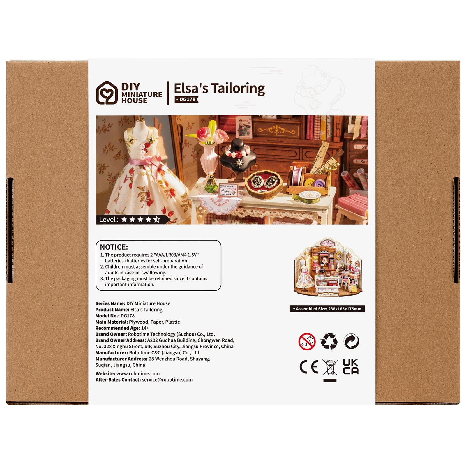 Rückseite der Verpackung der Robotime Elsa’s Tailoring, DIY Miniaturhaus eines niedlichen Nähateliers