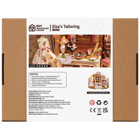 Rückseite der Verpackung der Robotime Elsa’s Tailoring, DIY Miniaturhaus eines niedlichen Nähateliers