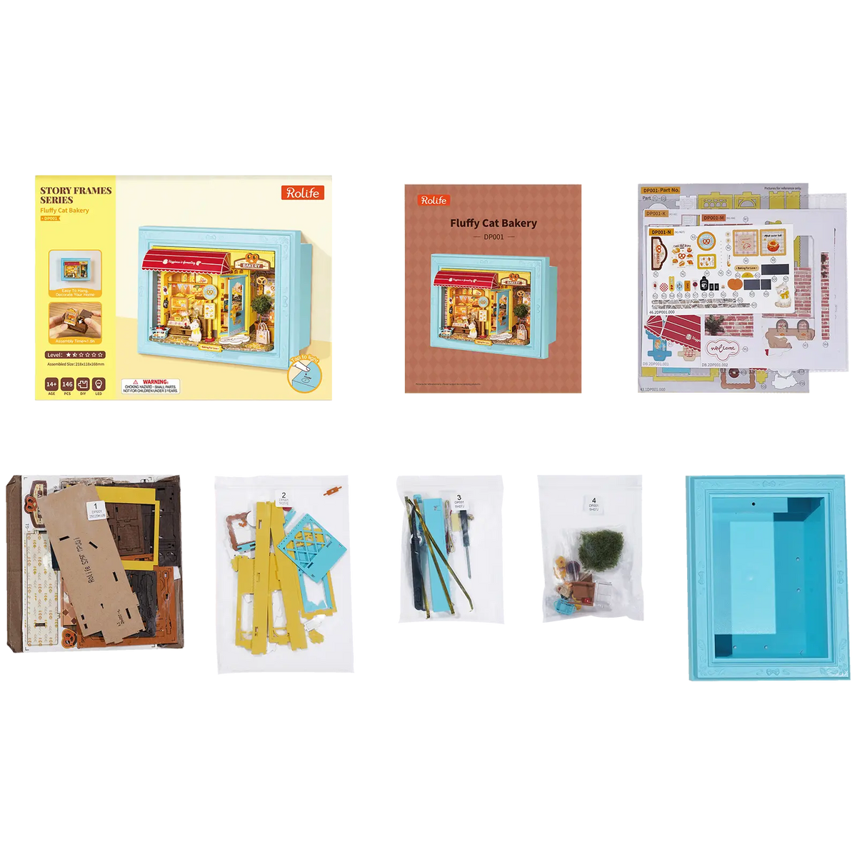 Packungsinhalt der Robotime Fluffy Cat Bakery, Diorama in einem Rahmen, das eine Bäckerei mit einer Katze zeigt