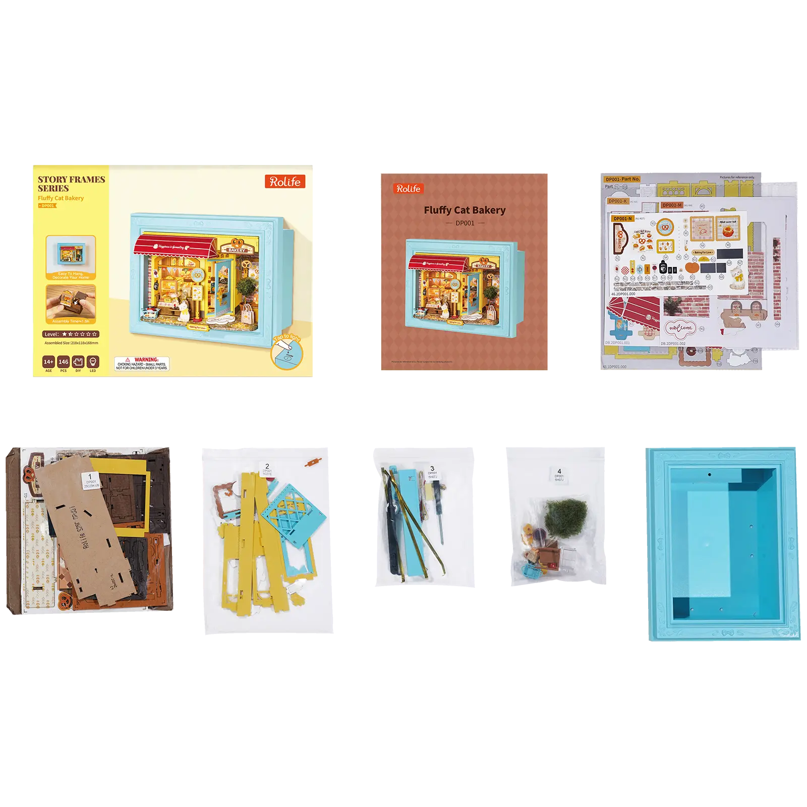 Packungsinhalt der Robotime Fluffy Cat Bakery, Diorama in einem Rahmen, das eine Bäckerei mit einer Katze zeigt