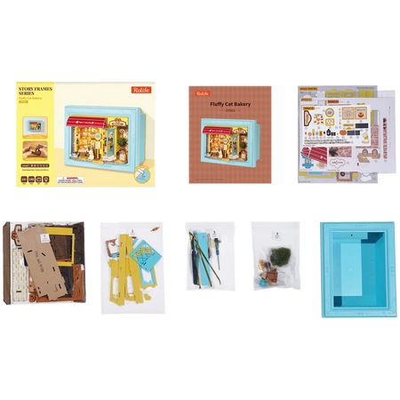 Packungsinhalt der Robotime Fluffy Cat Bakery, Diorama in einem Rahmen, das eine Bäckerei mit einer Katze zeigt