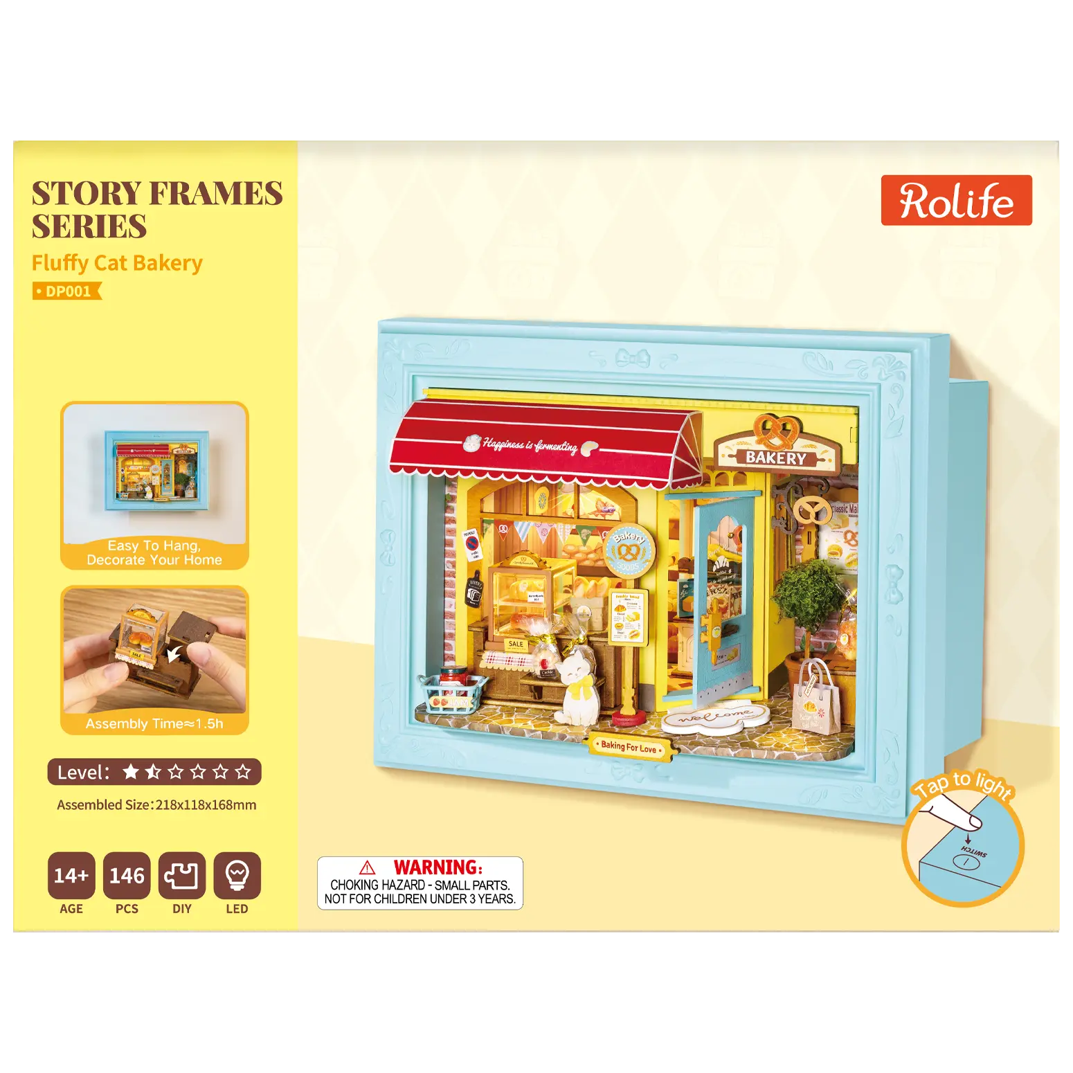 Vorderseite der Verpackung der Robotime Fluffy Cat Bakery, Diorama in einem Rahmen, das eine Bäckerei mit einer Katze zeigt
