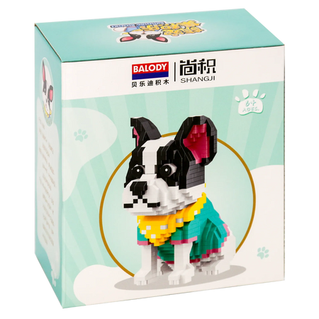Rückseite der Verpackung der Balody Miniblocks französische Bulldogge in niedlichem Outfit