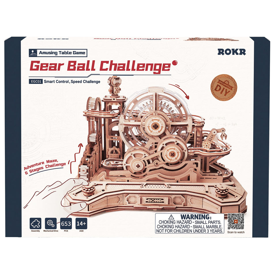 Vorderseite der Verpackung der Robotime Gear Ball Challenge, Holzbausatz für ein Geschicklichkeitsspiel mit Murmeln