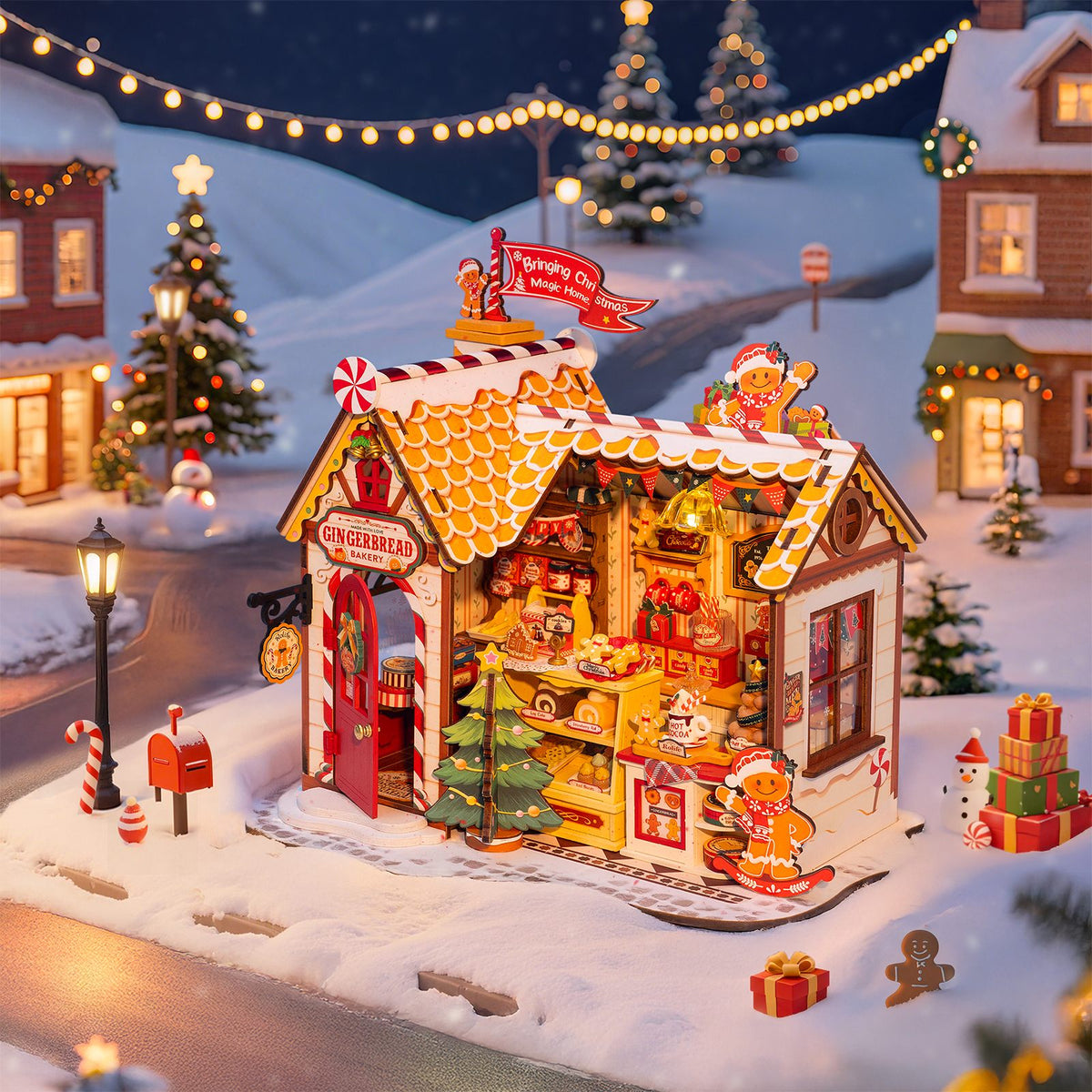 Atmosphärische Präsentation der Robotime Gingerbread House, Miniaturhaus eines Lebkuchenhauses in weihnachtlicher Atmosphäre