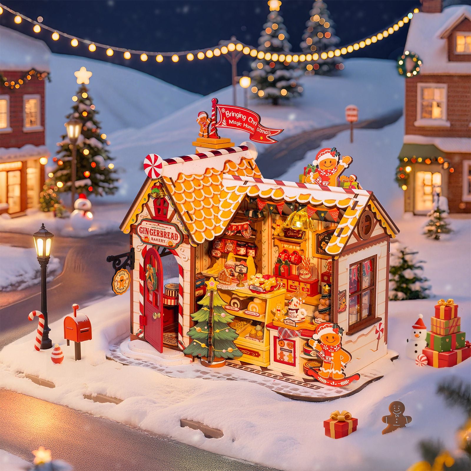 Atmosphärische Präsentation der Robotime Gingerbread House, Miniaturhaus eines Lebkuchenhauses in weihnachtlicher Atmosphäre