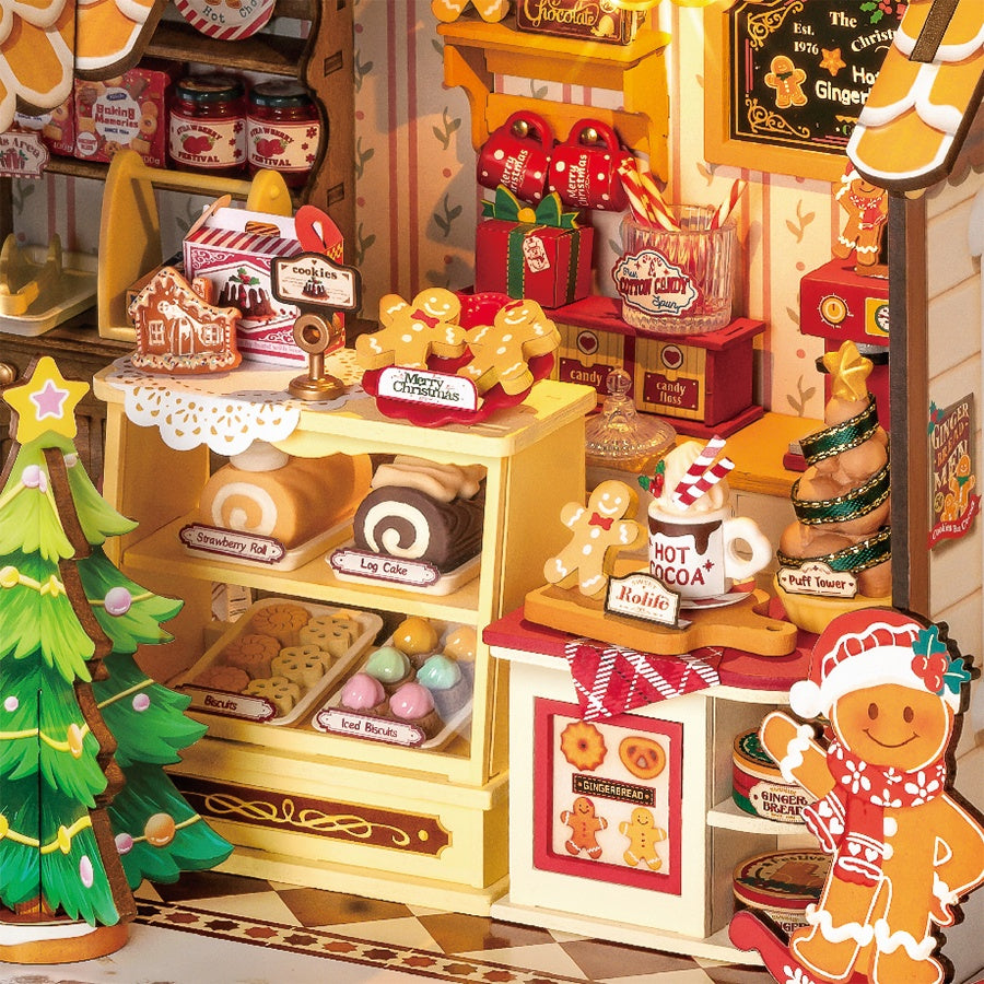 Detailansicht der Theke mit typischen Weihnachtsleckereien im Robotime Gingerbread House
