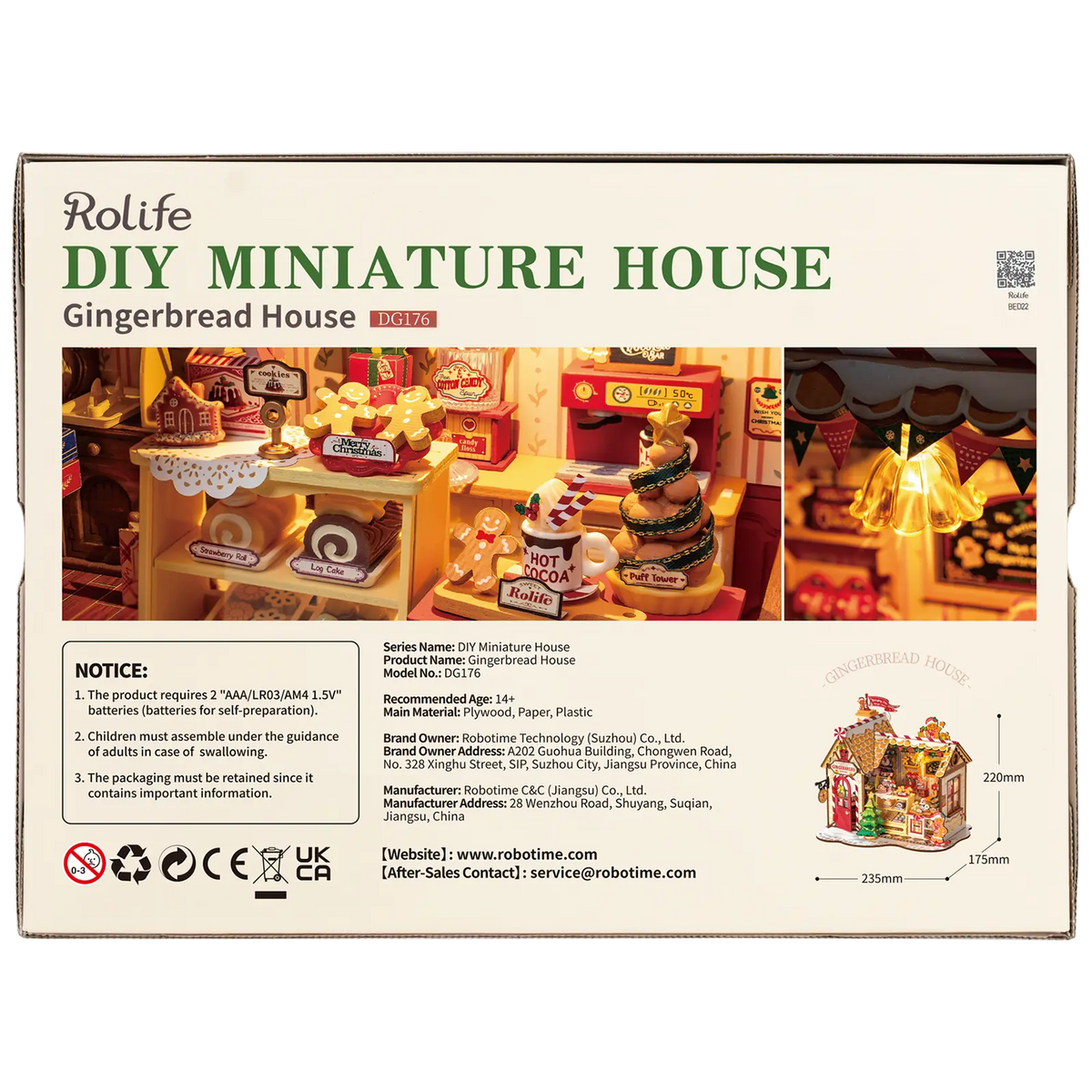 Rückseite der Verpackung der Robotime Gingerbread House, Miniaturhaus eines Lebkuchenhauses in weihnachtlicher Atmosphäre