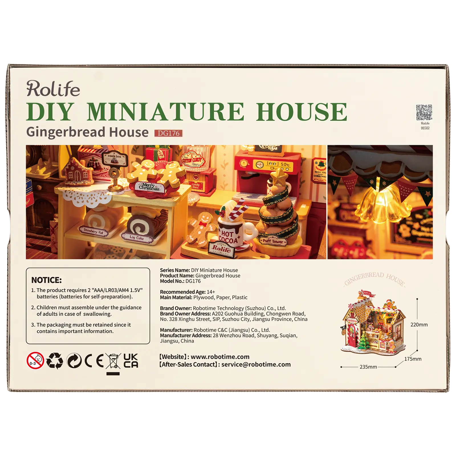 Rückseite der Verpackung der Robotime Gingerbread House, Miniaturhaus eines Lebkuchenhauses in weihnachtlicher Atmosphäre