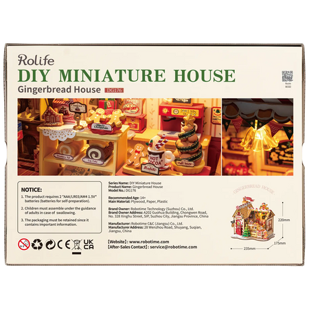 Rückseite der Verpackung der Robotime Gingerbread House, Miniaturhaus eines Lebkuchenhauses in weihnachtlicher Atmosphäre
