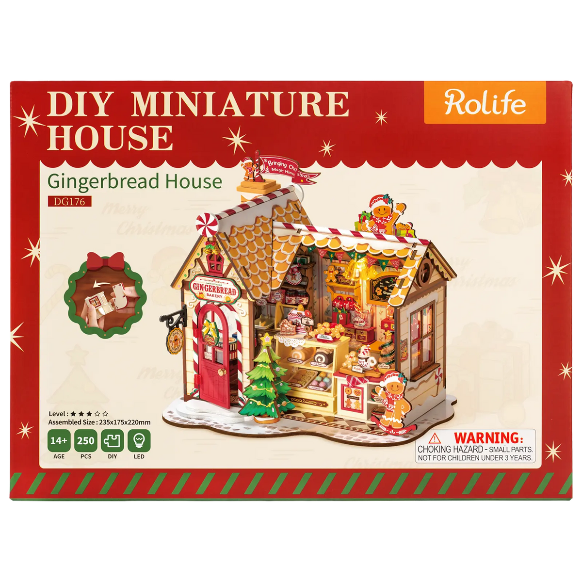 Vorderseite der Verpackung der Robotime Gingerbread House, Miniaturhaus eines Lebkuchenhauses in weihnachtlicher Atmosphäre