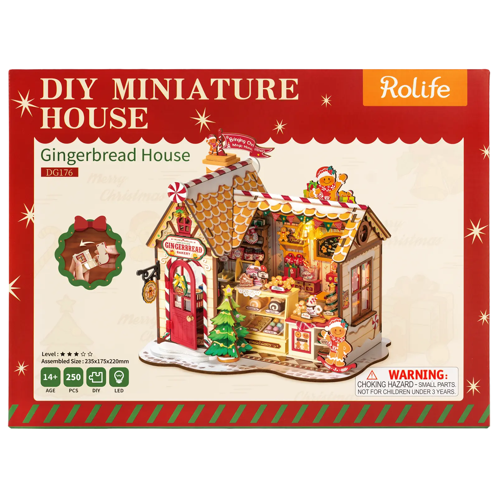 Vorderseite der Verpackung der Robotime Gingerbread House, Miniaturhaus eines Lebkuchenhauses in weihnachtlicher Atmosphäre
