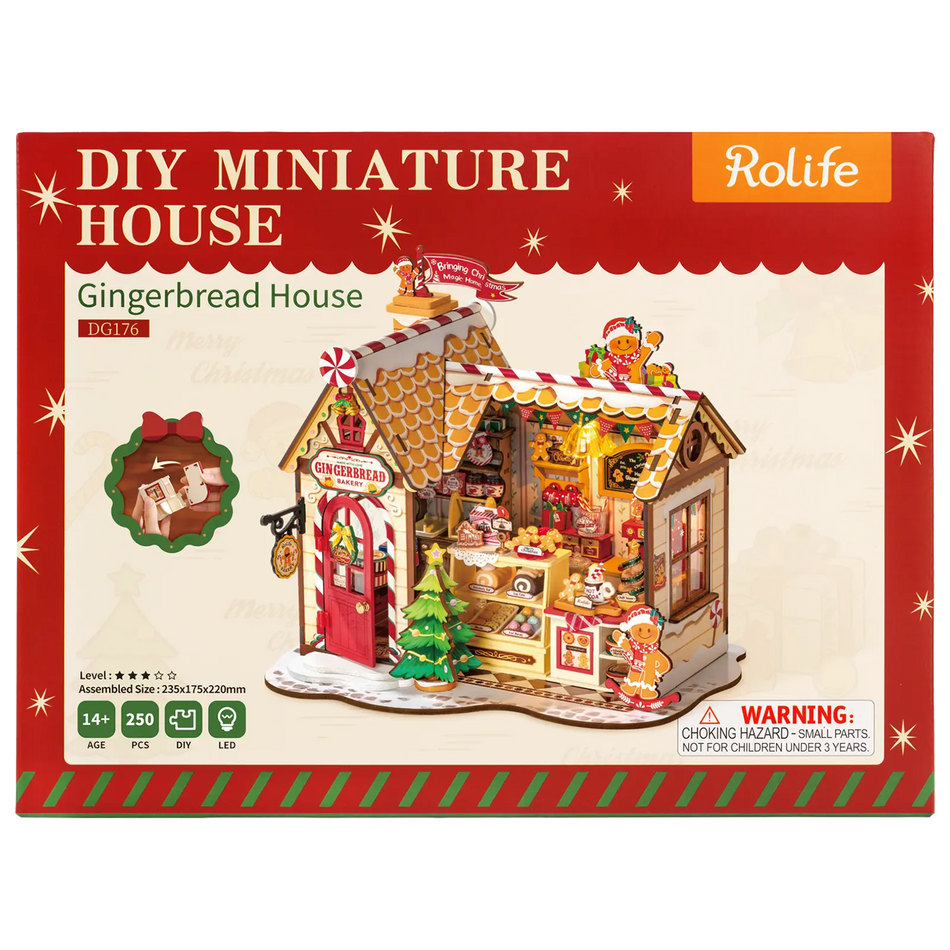 Vorderseite der Verpackung der Robotime Gingerbread House, Miniaturhaus eines Lebkuchenhauses in weihnachtlicher Atmosphäre
