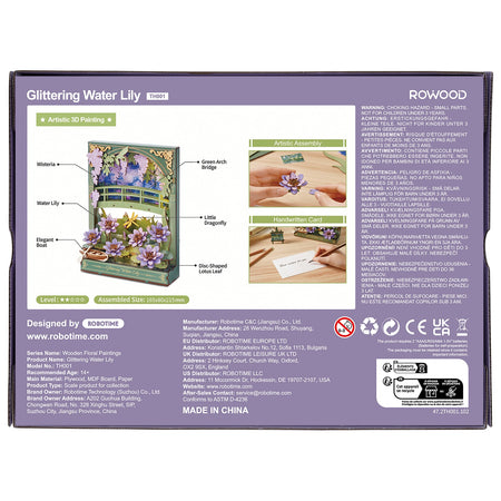 Rückseite der Verpackung der Robotime Glittering Water Lily, Diorama-Bausatz aus Holz von Monets Seerosen