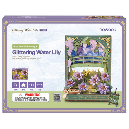 Vorderseite der Verpackung der Robotime Glittering Water Lily, Diorama-Bausatz aus Holz von Monets Seerosen