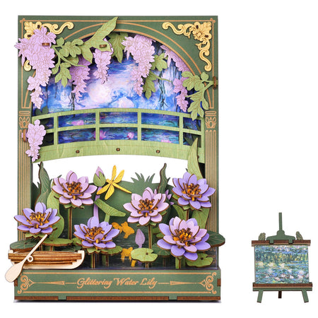 Produktfoto der Robotime Glittering Water Lily, Diorama-Bausatz aus Holz von Monets Seerosen