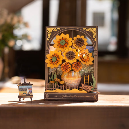 Atmosphärische Präsentation der Robotime Golden Sunflower, Diorama-Bausatz aus Holz, inspiriert von Van Goghs Sonnenblumen