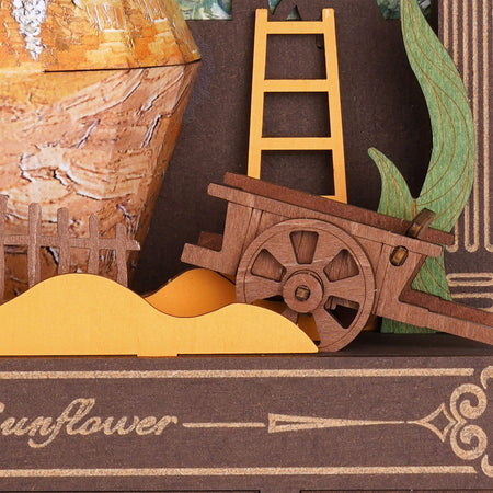 Nahaufnahme des kleinen hölzernen Handwagens im Robotime Golden Sunflower Diorama
