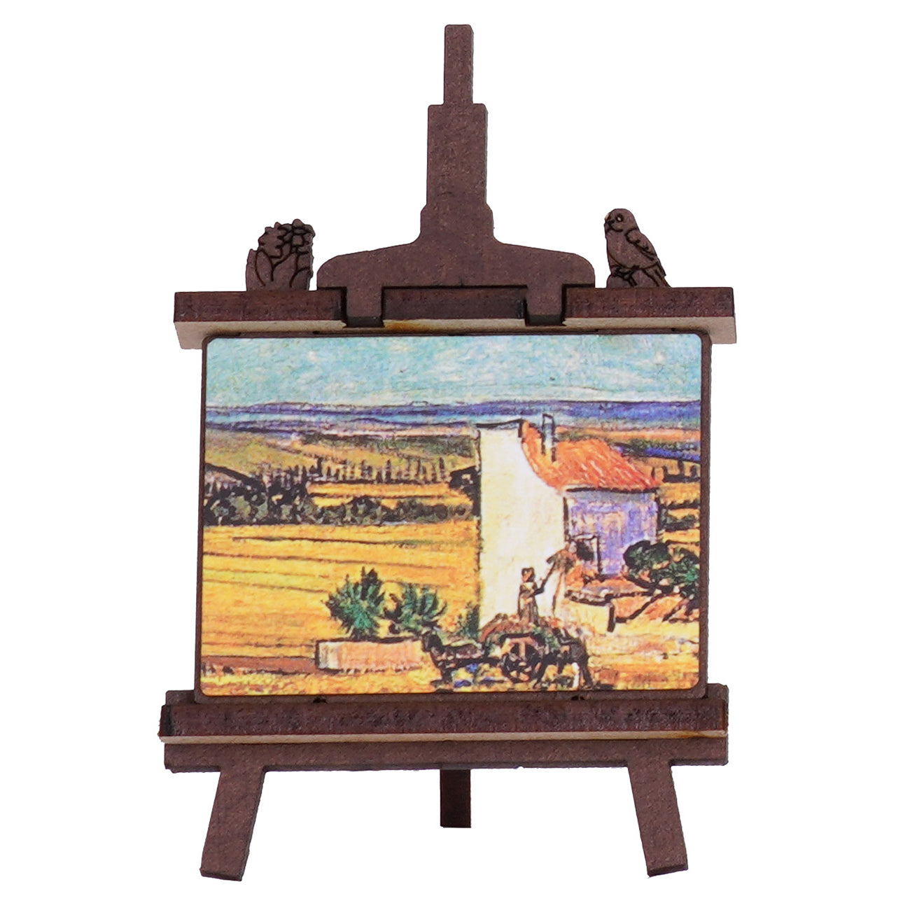 Die kleine Staffelei mit dem berühmten Gemälde „Die Ernte“ von Van Gogh aus dem Robotime Golden Sunflower