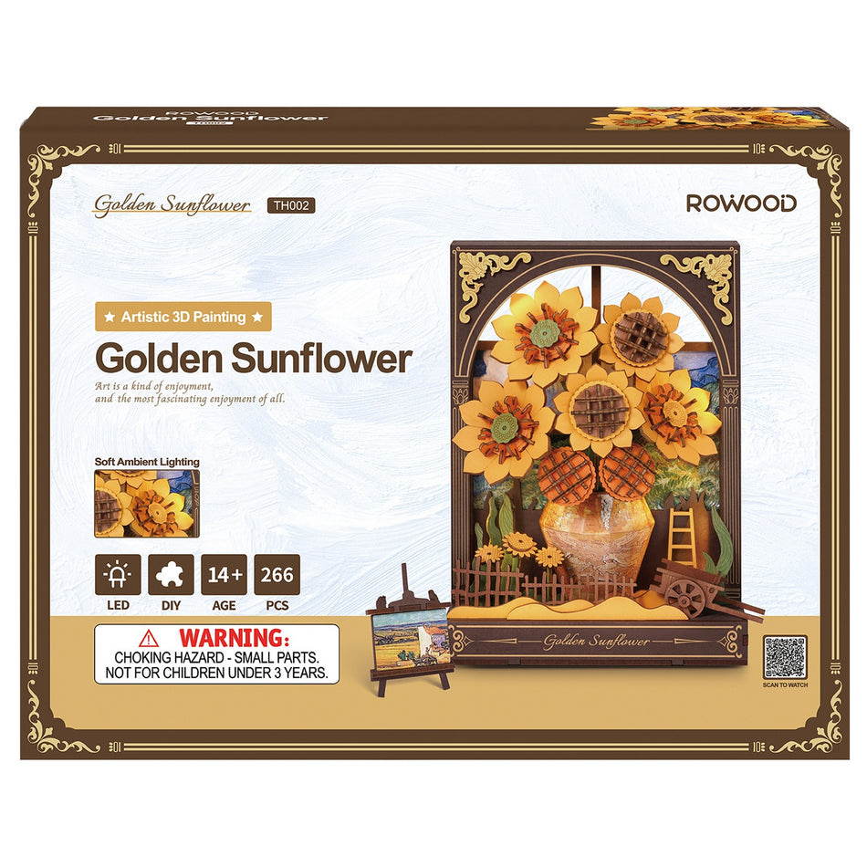 Vorderseite der Verpackung der Robotime Golden Sunflower, Diorama-Bausatz aus Holz, inspiriert von Van Goghs Sonnenblumen