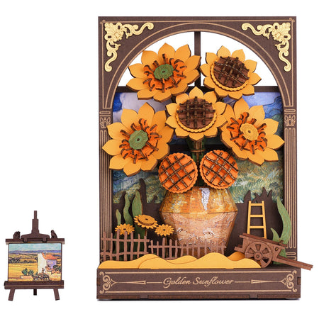 Produktfoto der Robotime Golden Sunflower, Diorama-Bausatz aus Holz, inspiriert von Van Goghs Sonnenblumen
