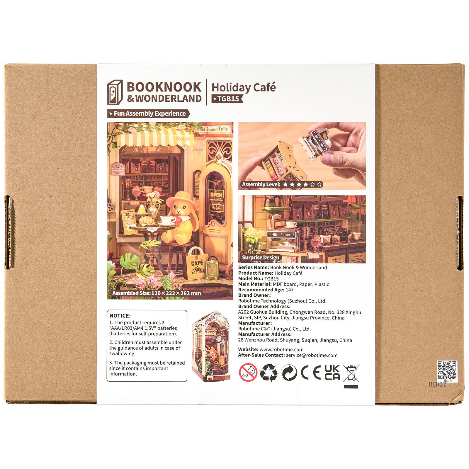 Rückseite der Verpackung der Robotime Holiday Café, Book Nook Holzbausatz für eine Terrasse bei einem überdachten Café