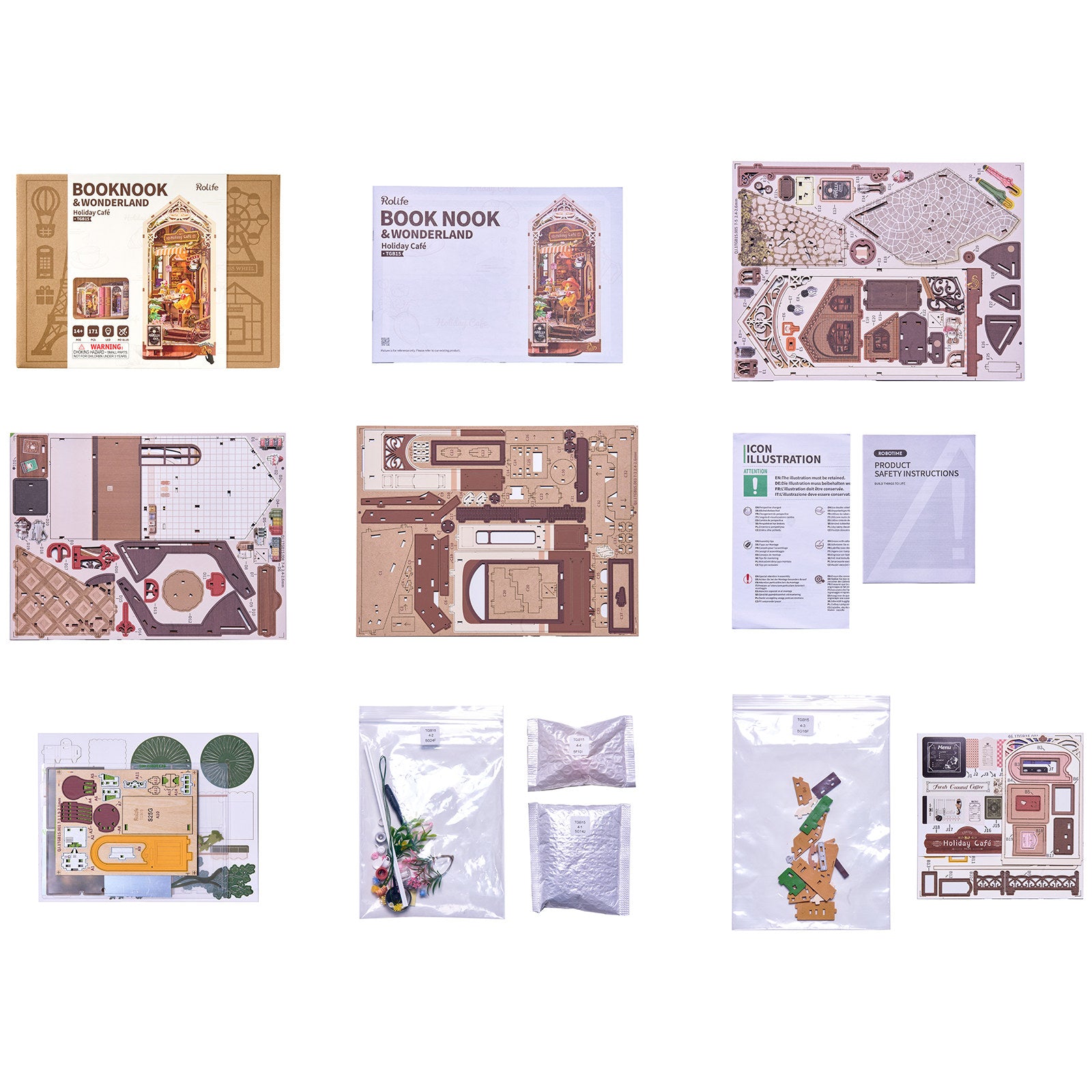 Verpackungsinhalt des Robotime Holiday Café, Book Nook Holzbausatz für eine Terrasse bei einem überdachten Café