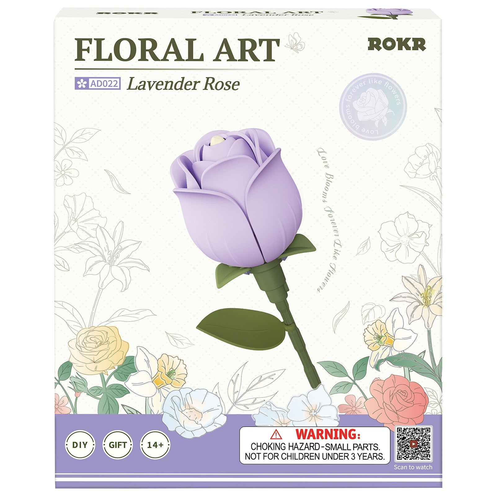Vorderseite der Verpackung der Robotime Lavender Rose, Kunststoffbausatz einer lila Rose