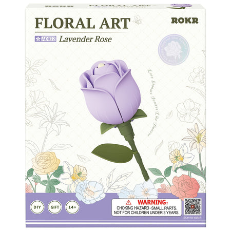 Vorderseite der Verpackung der Robotime Lavender Rose, Kunststoffbausatz einer lila Rose