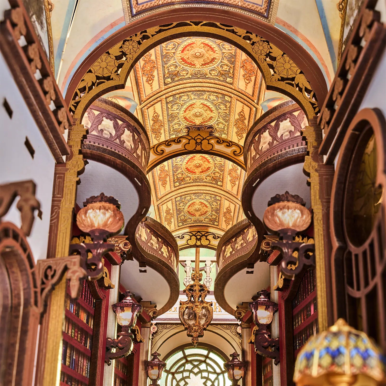 Die verzierte Decke und Balustraden der Robotime Library of Wonders