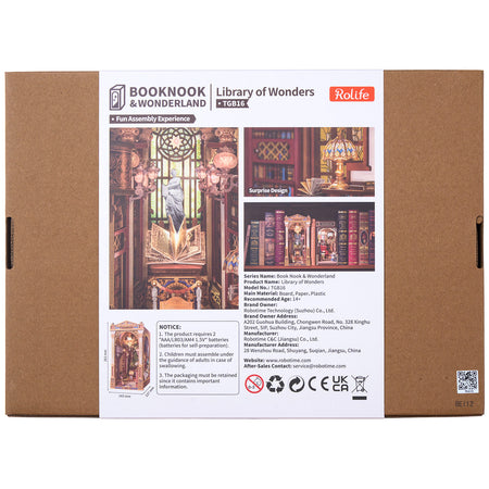 Rückseite der Verpackung der Robotime Library of Wonders, Book Nook Holzbausatz einer altmodischen, luxuriösen Bibliothek
