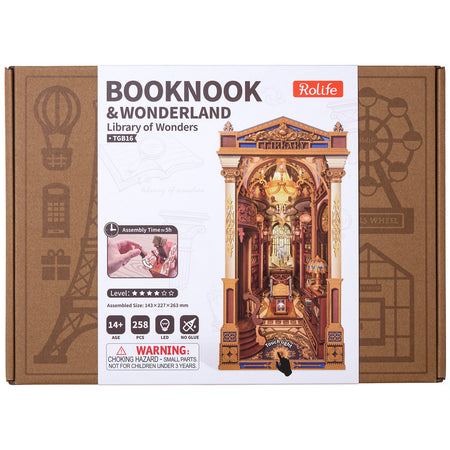 Vorderseite der Verpackung der Robotime Library of Wonders, Book Nook Holzbausatz einer altmodischen, luxuriösen Bibliothek