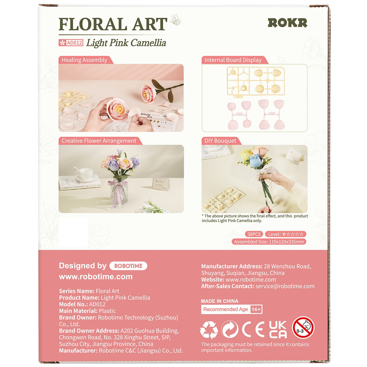 Rückseite der Verpackung der Robotime Light Pink Camellia, Kunststoffbausatz einer hellrosa Kamelie