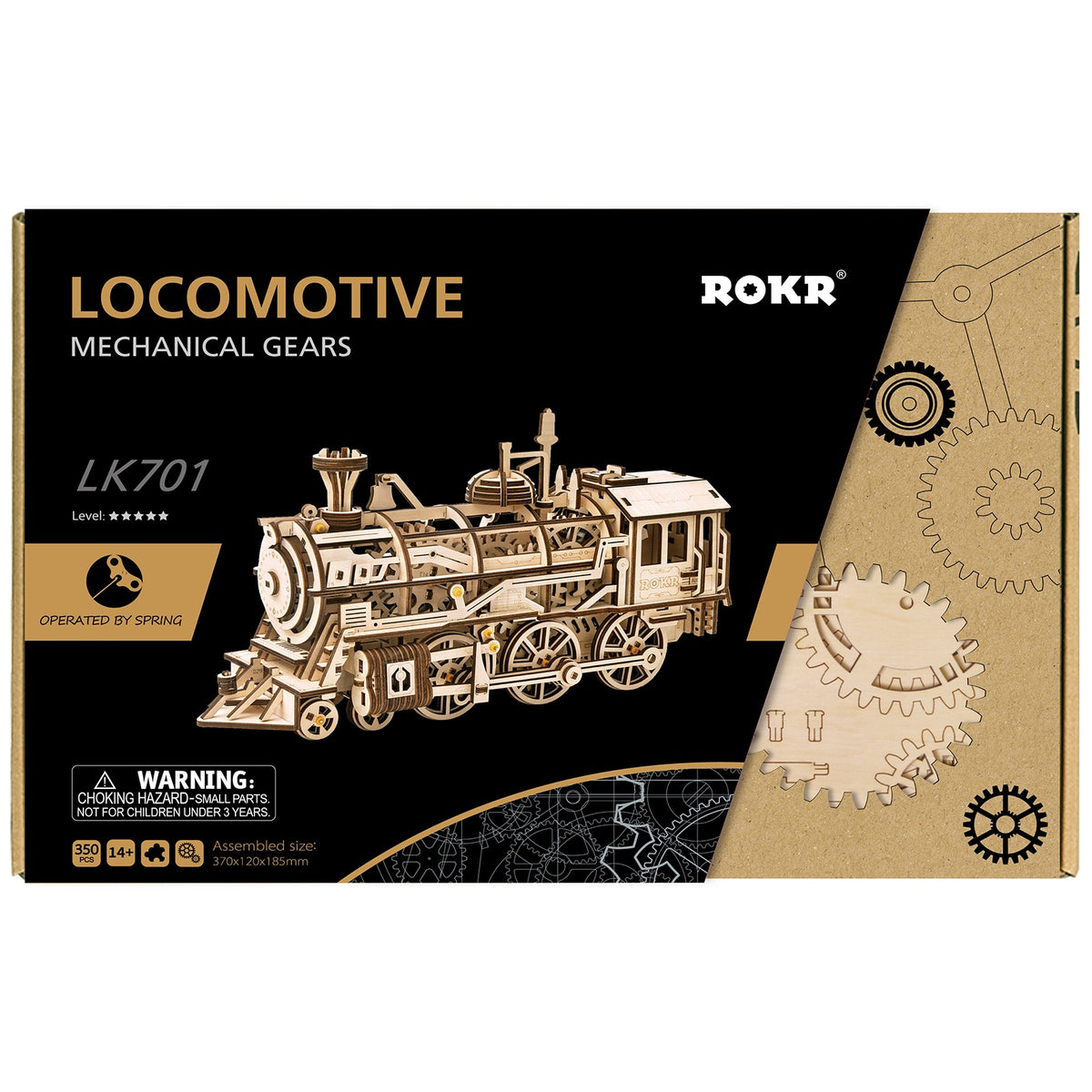 Vorderseite der Verpackung der Robotime Locomotive, Holzmodellbau einer mechanischen, fahrenden Dampflokomotive