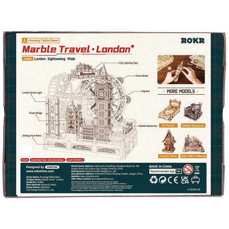 Rückseite der Verpackung der Robotime London Sightseeing Walk, Holzbausatz einer Murmelbahn mit dem Thema Londoner Sehenswürdigkeiten