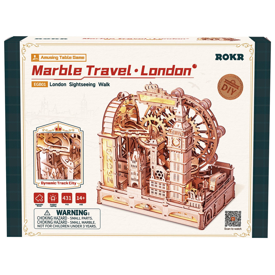 Vorderseite der Verpackung der Robotime London Sightseeing Walk, Holzbausatz einer Murmelbahn mit dem Thema Londoner Sehenswürdigkeiten