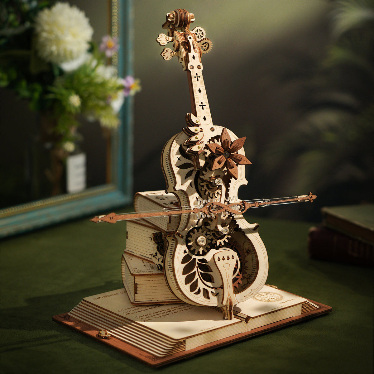 Atmosphärische Präsentation der Robotime Magic Cello, Holzbausatz für eine Spieluhr in Form eines Cellos