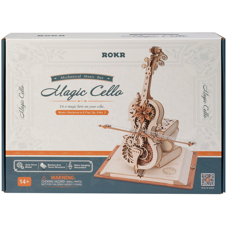 Vorderseite der Verpackung der Robotime Magic Cello, Holzbausatz für eine Spieluhr in Form eines Cellos