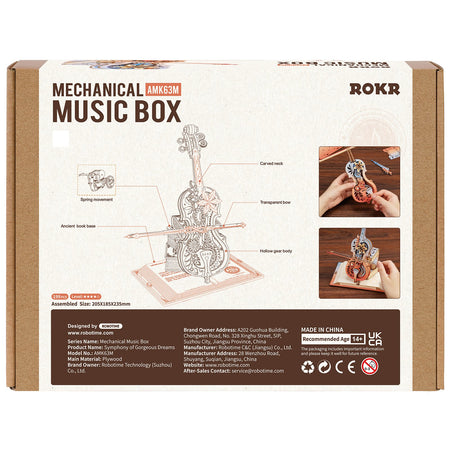 Rückseite der Verpackung der Robotime Magic Cello - Symphony of Gorgeous Dreams, Holzbausatz einer Spieluhr in Form eines beweglichen, farbigen Cellos