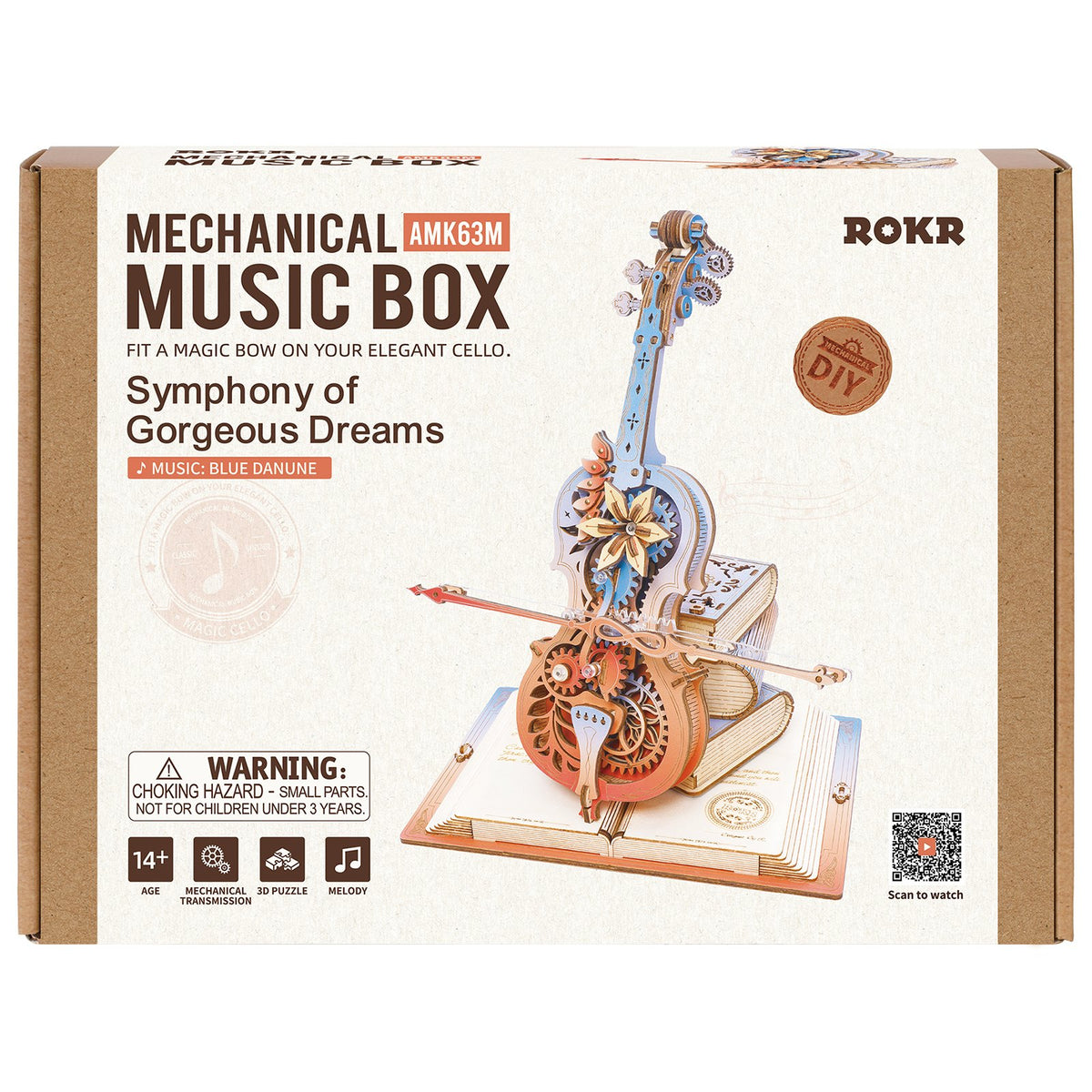 Vorderseite der Verpackung der Robotime Magic Cello - Symphony of Gorgeous Dreams, Holzbausatz einer Spieluhr in Form eines beweglichen, farbigen Cellos