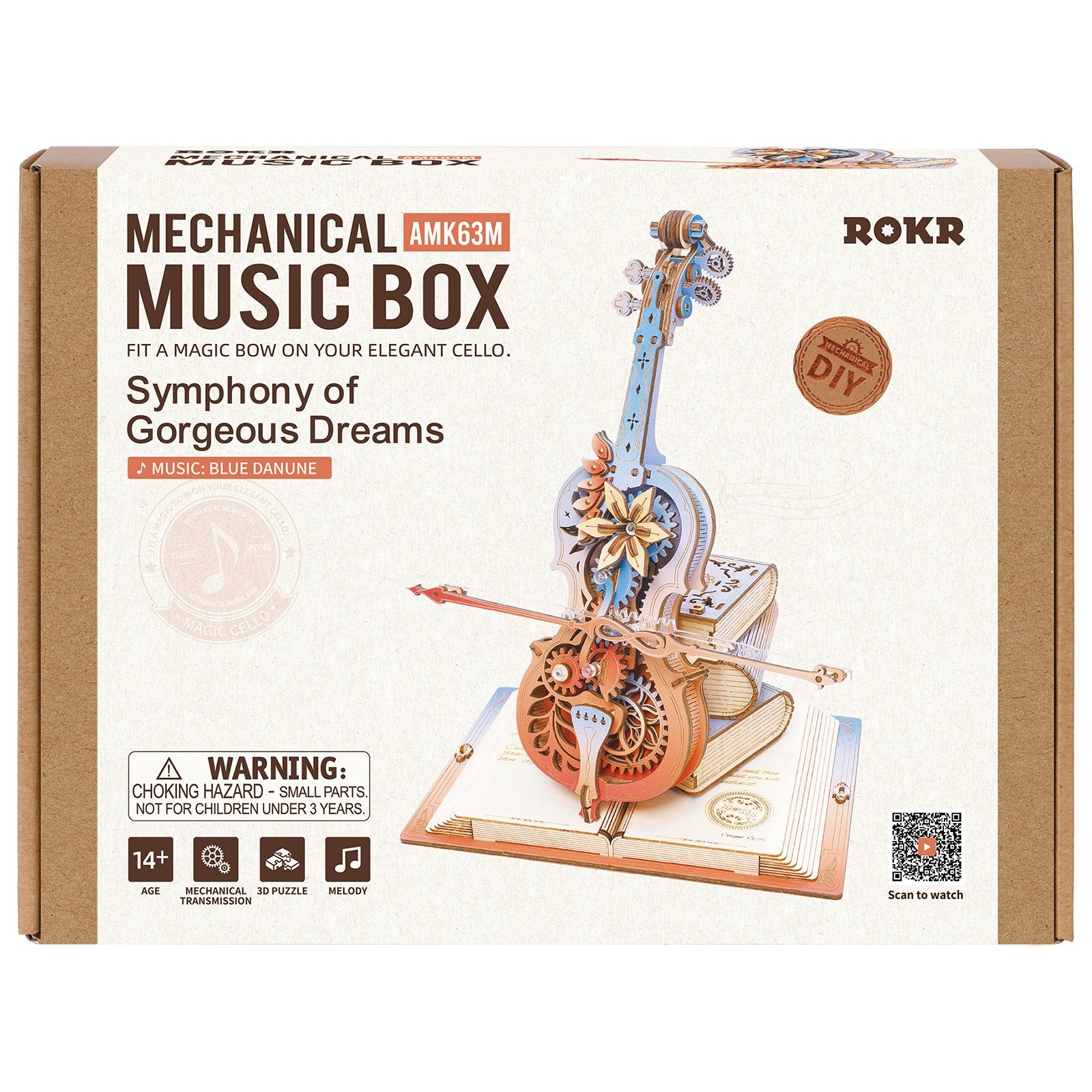 Vorderseite der Verpackung der Robotime Magic Cello - Symphony of Gorgeous Dreams, Holzbausatz einer Spieluhr in Form eines beweglichen, farbigen Cellos