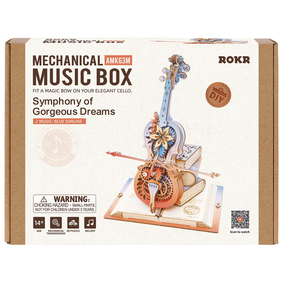 Vorderseite der Verpackung der Robotime Magic Cello - Symphony of Gorgeous Dreams, Holzbausatz einer Spieluhr in Form eines beweglichen, farbigen Cellos